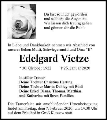 Traueranzeige von Edelgard Vietze von lausitzer_rundschau