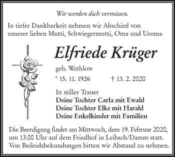 Traueranzeige von Elfriede Krüger von lausitzer_rundschau