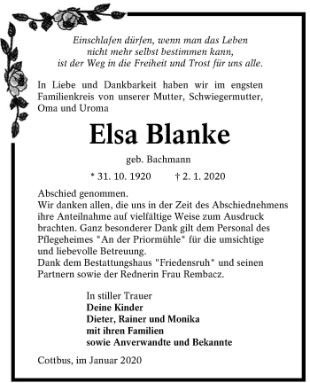 Traueranzeige von Elsa Blanke von lausitzer_rundschau