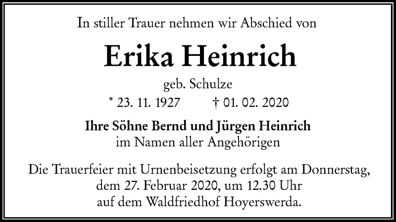  Traueranzeige für Erika Heinrich vom 15.02.2020 aus lausitzer_rundschau