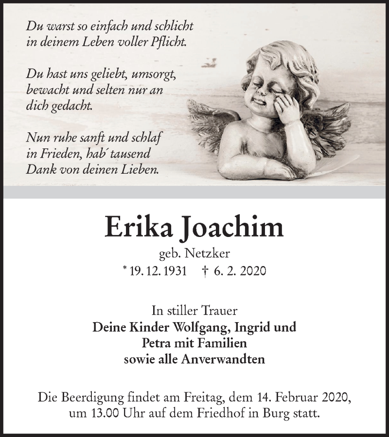  Traueranzeige für Erika Joachim vom 08.02.2020 aus lausitzer_rundschau