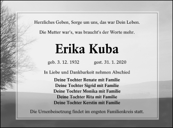 Traueranzeige von Erika Kuba von lausitzer_rundschau