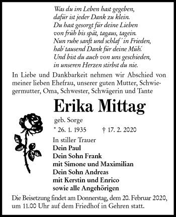 Traueranzeige von Erika Mittag von lausitzer_rundschau