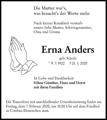 Traueranzeige von Erna Anders von lausitzer_rundschau