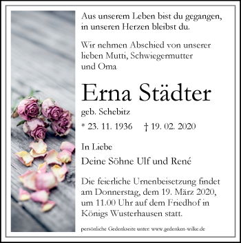 Traueranzeige von Erna Städter von lausitzer_rundschau