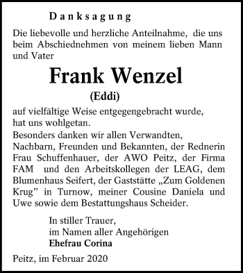 Traueranzeige von Frank Wenzel von lausitzer_rundschau