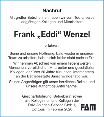 Traueranzeige von Frank Wenzel von lausitzer_rundschau