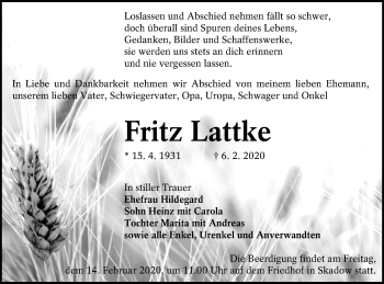 Traueranzeige von Fritz Lattke von lausitzer_rundschau