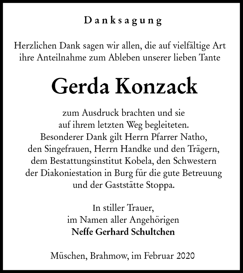  Traueranzeige für Gerda Konzack vom 22.02.2020 aus lausitzer_rundschau