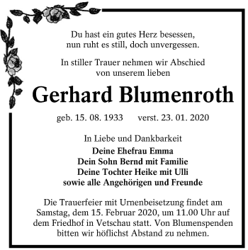 Traueranzeige von Gerhard Blumenroth von lausitzer_rundschau