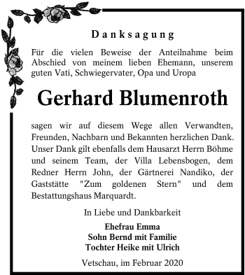Traueranzeige von Gerhard Blumenroth von lausitzer_rundschau