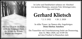 Traueranzeige von Gerhard Klietsch von lausitzer_rundschau