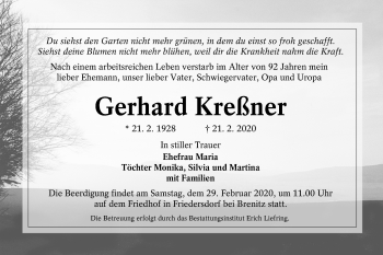 Traueranzeige von Gerhard Kreßner von lausitzer_rundschau