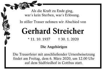 Traueranzeige von Gerhard Streicher von lausitzer_rundschau