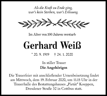 Traueranzeige von Gerhard Weiß von lausitzer_rundschau