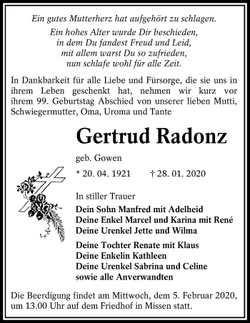 Traueranzeige von Gertrud Radonz von lausitzer_rundschau