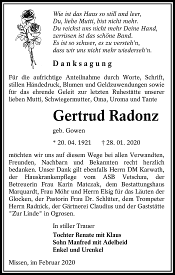Traueranzeige von Gertrud Radonz von lausitzer_rundschau