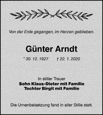 Traueranzeige von Günter Arndt von lausitzer_rundschau