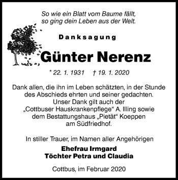 Traueranzeige von Günter Nerenz von lausitzer_rundschau