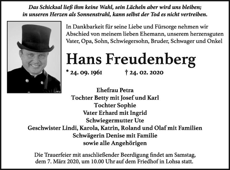  Traueranzeige für Hans Freudenberg vom 29.02.2020 aus lausitzer_rundschau