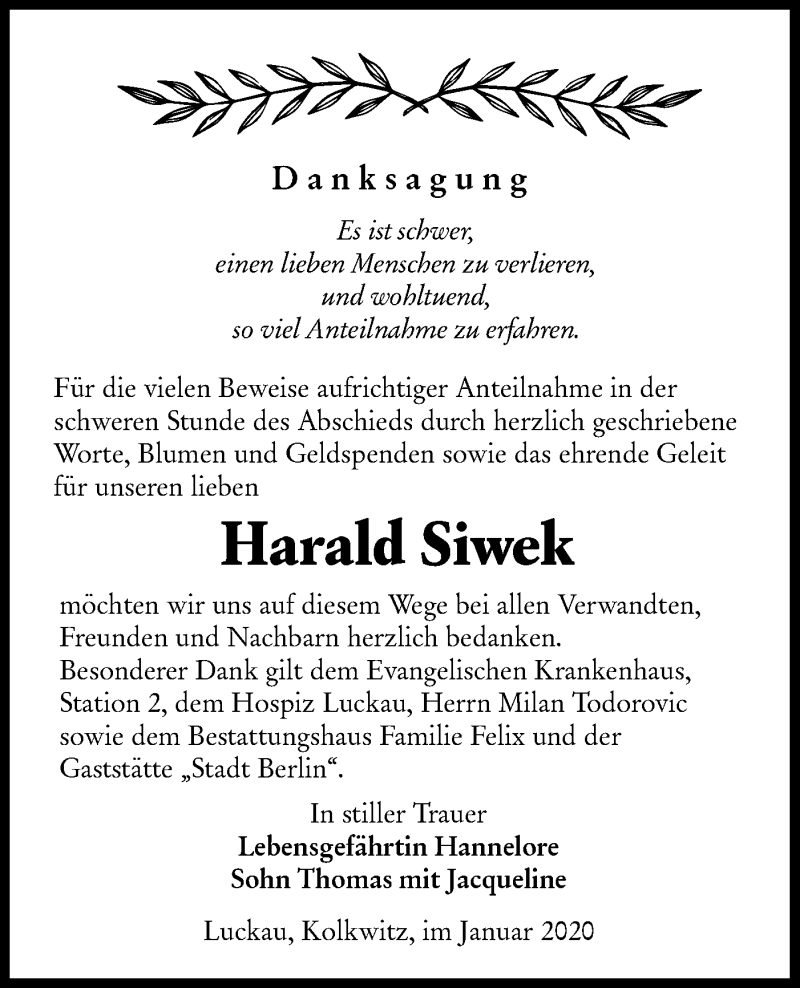  Traueranzeige für Harald Siwek vom 15.02.2020 aus lausitzer_rundschau