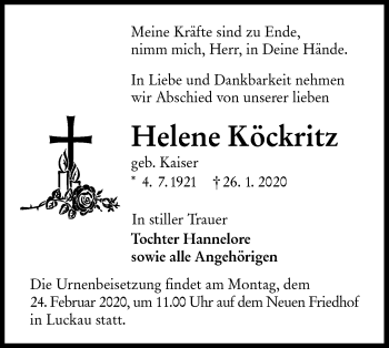Traueranzeige von Helene Köckritz von lausitzer_rundschau