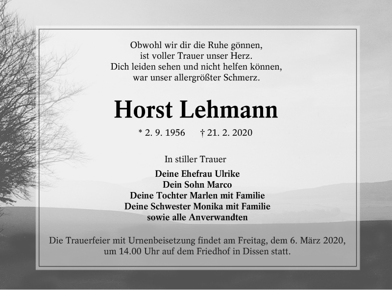  Traueranzeige für Horst Lehmann vom 29.02.2020 aus lausitzer_rundschau