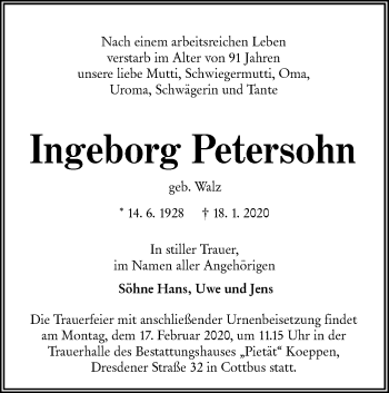 Traueranzeige von Ingeborg Petersohn von lausitzer_rundschau