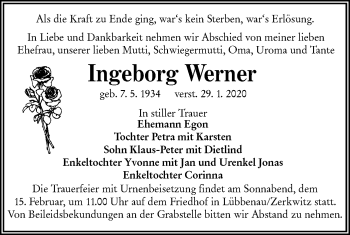 Traueranzeige von Ingeborg Werner von lausitzer_rundschau