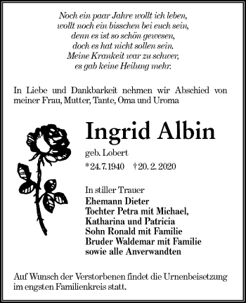 Traueranzeige von Ingrid Albin von lausitzer_rundschau