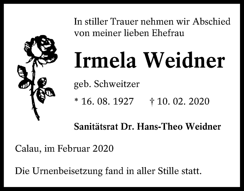  Traueranzeige für Irmela Weidner vom 29.02.2020 aus lausitzer_rundschau
