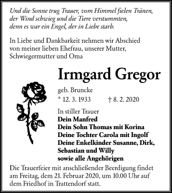 Traueranzeige von Irmgard Gregor von lausitzer_rundschau