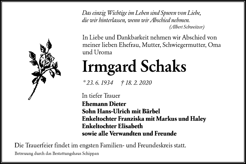  Traueranzeige für Irmgard Schaks vom 22.02.2020 aus lausitzer_rundschau