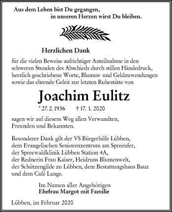 Traueranzeige von Joachim Eulitz von lausitzer_rundschau