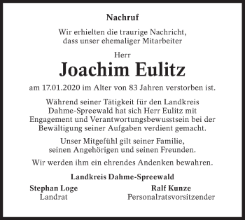 Traueranzeige von Joachim Eulitz von lausitzer_rundschau