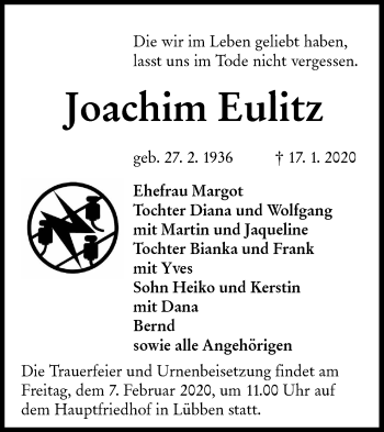 Traueranzeige von Joachim Eulitz von lausitzer_rundschau