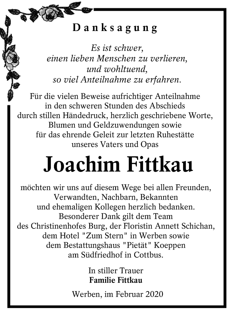  Traueranzeige für Joachim Fittkau vom 08.02.2020 aus lausitzer_rundschau