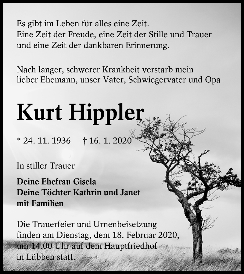  Traueranzeige für Kurt Hippler vom 08.02.2020 aus lausitzer_rundschau