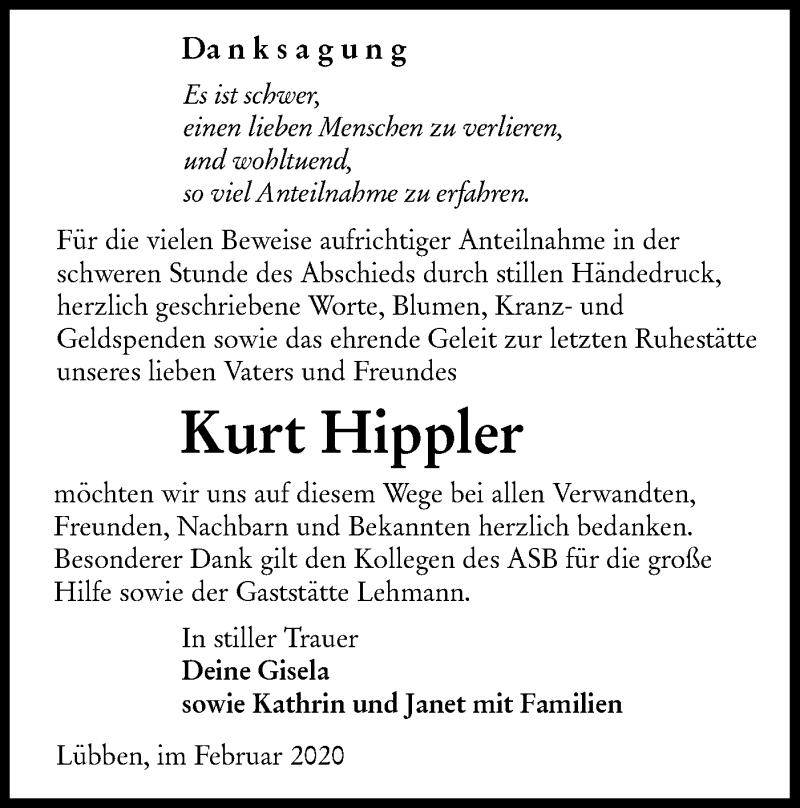  Traueranzeige für Kurt Hippler vom 22.02.2020 aus lausitzer_rundschau