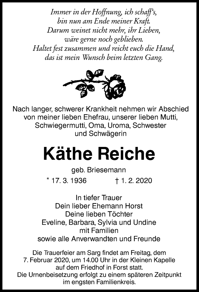  Traueranzeige für Käthe Reiche vom 05.02.2020 aus lausitzer_rundschau