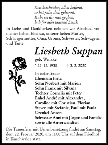 Traueranzeige von Liesbeth Suppan von lausitzer_rundschau