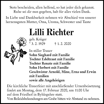 Traueranzeige von Lilli Richter von lausitzer_rundschau