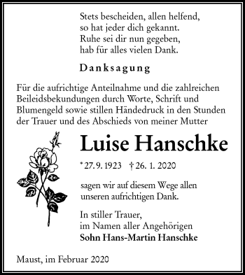 Traueranzeige von Luise Hanschke von lausitzer_rundschau