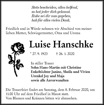 Traueranzeige von Luise Hanschke von lausitzer_rundschau