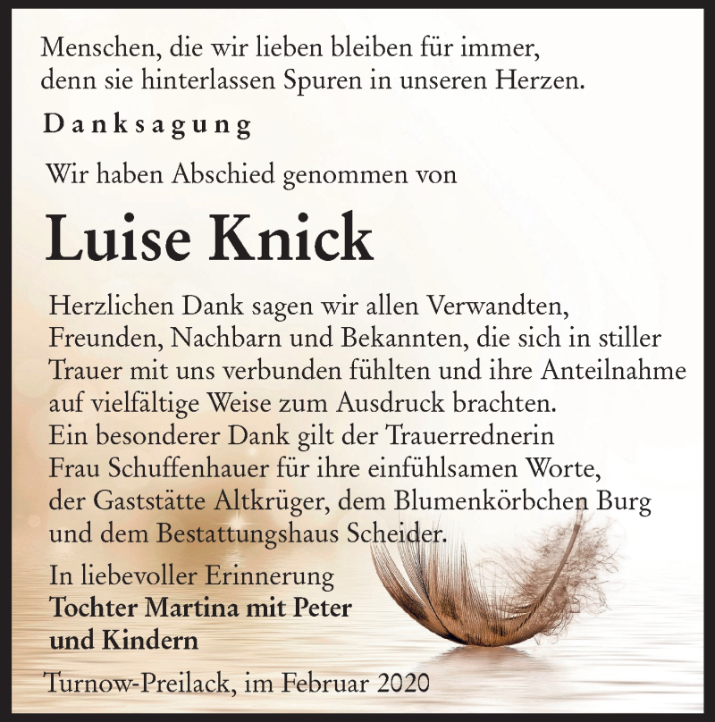  Traueranzeige für Luise Knick vom 29.02.2020 aus lausitzer_rundschau