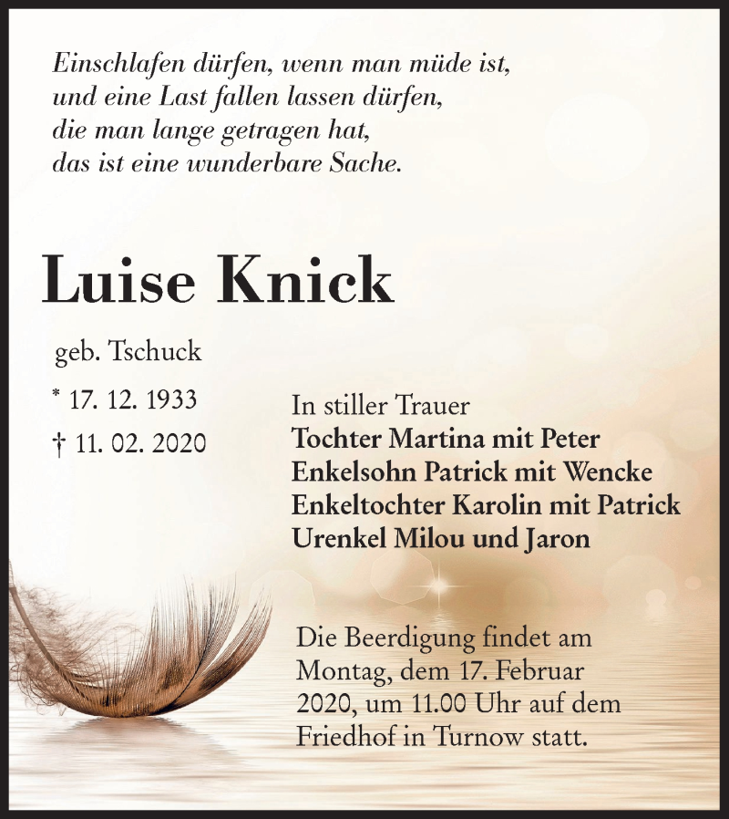  Traueranzeige für Luise Knick vom 15.02.2020 aus lausitzer_rundschau