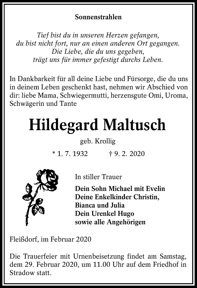  Traueranzeige für Maltusch Hildegard vom 19.02.2020 aus lausitzer_rundschau