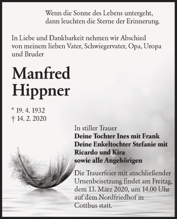 Traueranzeige von Manfred Hippner von lausitzer_rundschau
