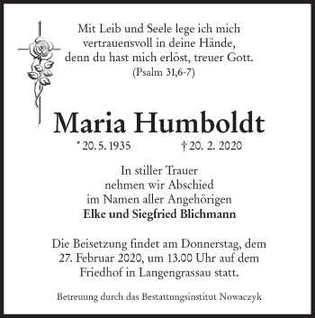 Traueranzeige von Maria Humboldt von lausitzer_rundschau