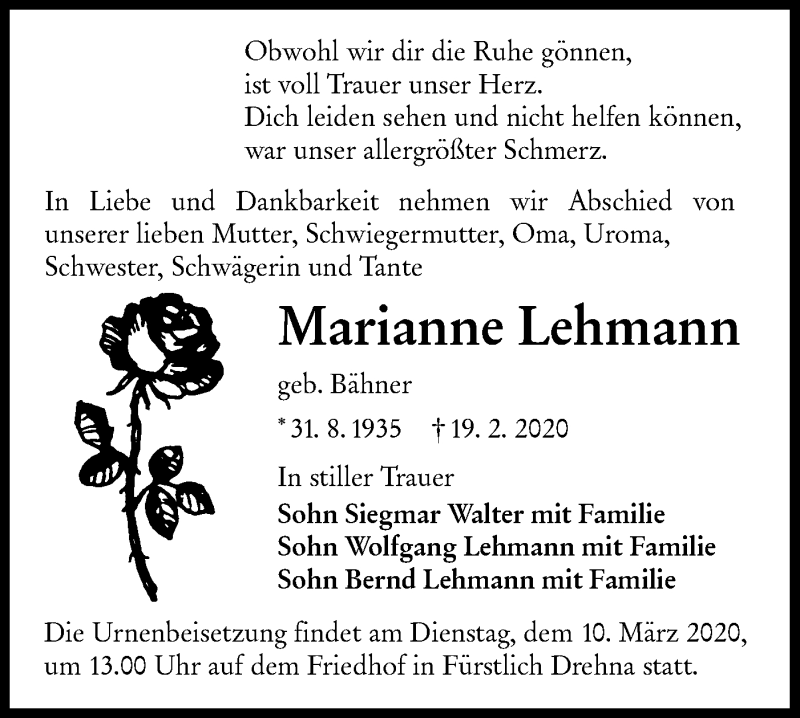 Traueranzeige für Marianne Lehmann vom 29.02.2020 aus lausitzer_rundschau